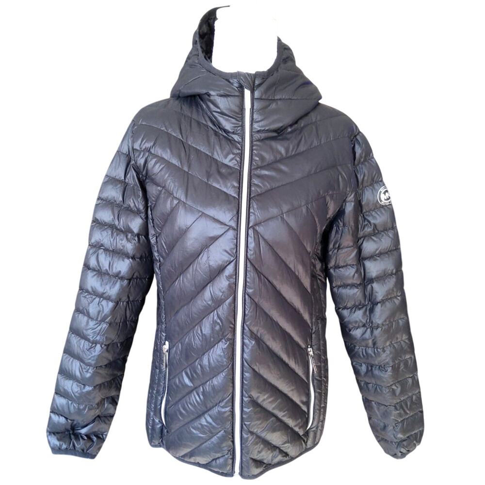 Michael Kors Black packable puffer quilted down coat zip up size womens M preppy